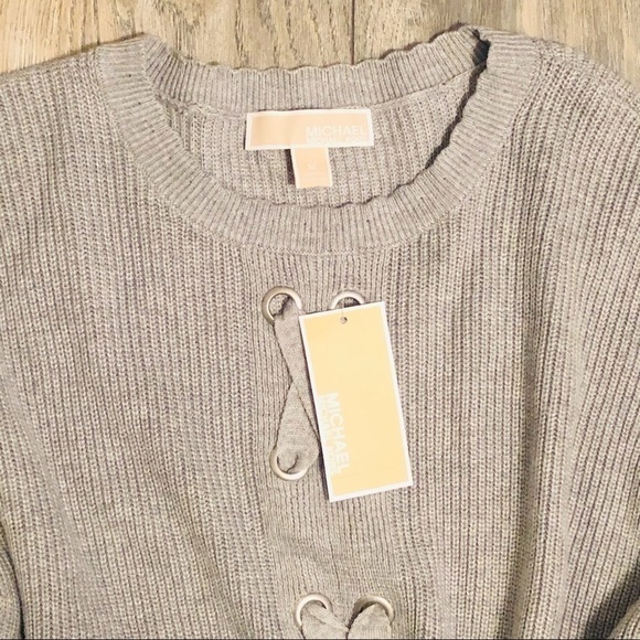 NWT Michael Kors Gray Lace Up Front Knit Sweater Size Medium - Picture 2 of 12